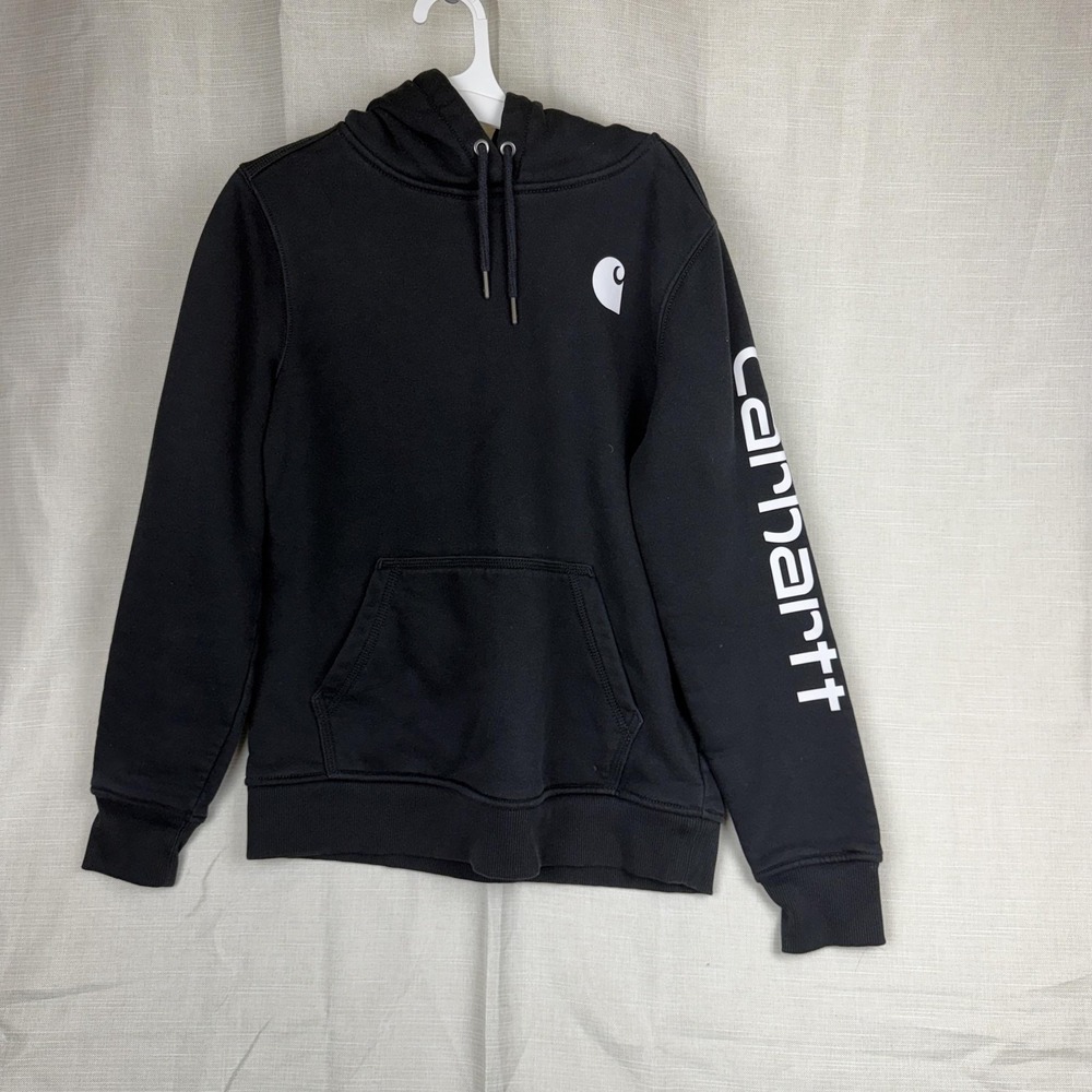 Carhartt Hoodie Sweatshirt Womens‎ Small Black Fleece Pullover Sleeve Logo